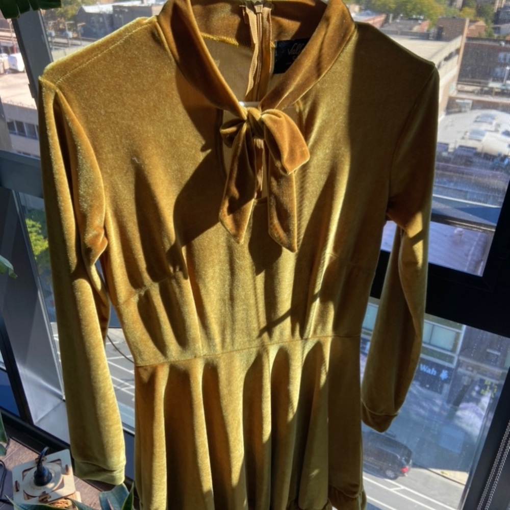 Gold Velvet Alicia Neck Bow Tie Dress by Valfre